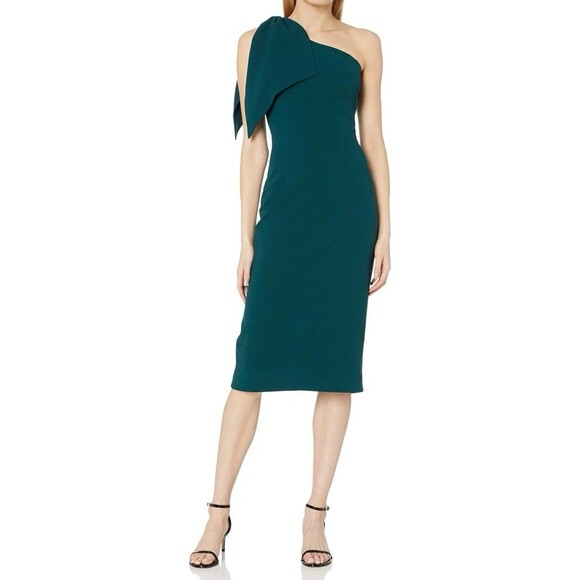 DRESS THE POPULATION Midi Dress Womens Small Green Tiffany One-Shoulder Bow New - Picture 2 of 16